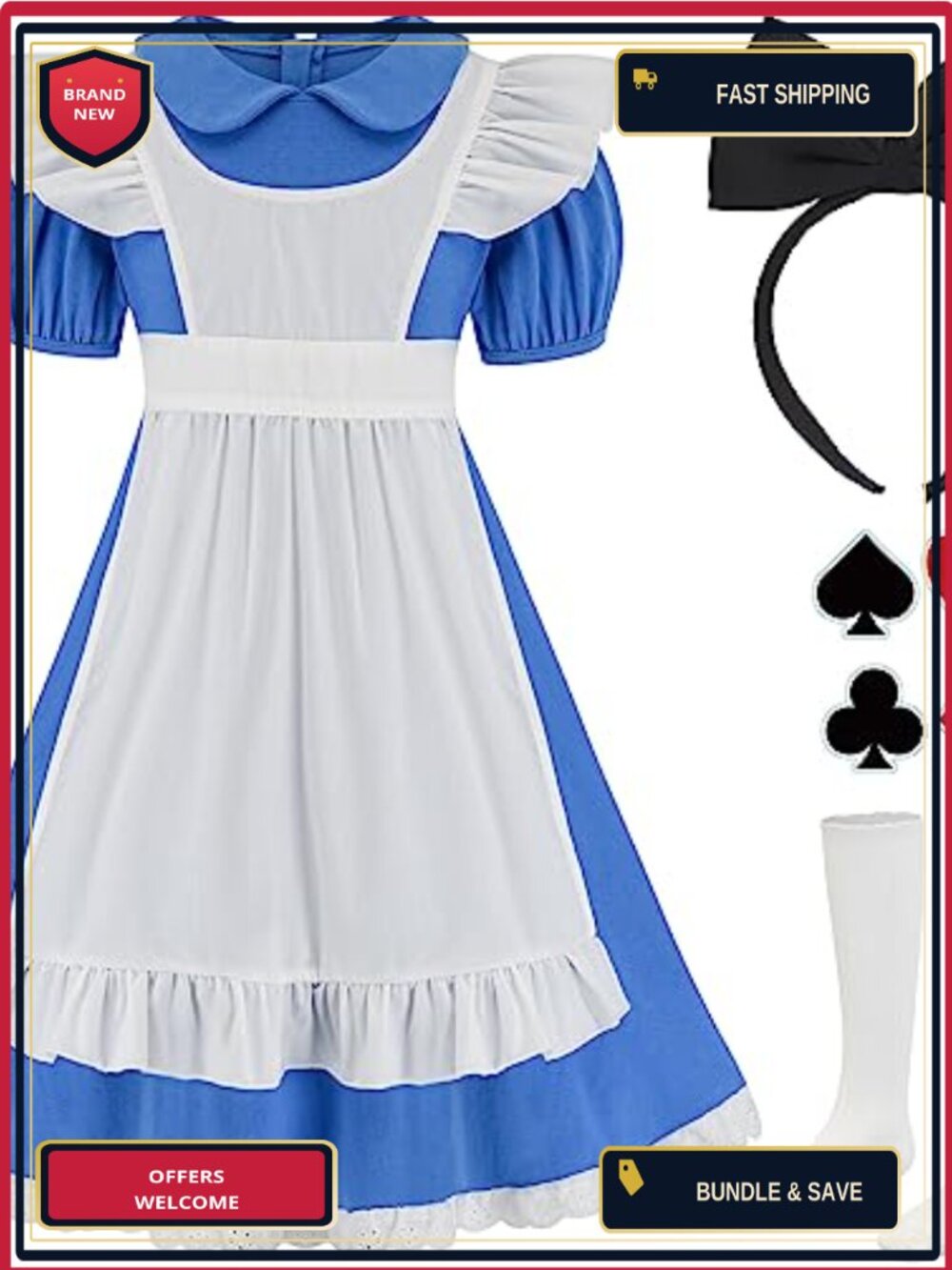 Girls 5Pc Halloween Costume Dress Apron Headband Socks Set Pretend Play
